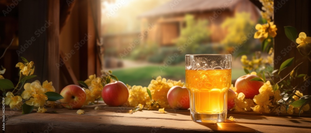 A glass of cider on wooden table with spices