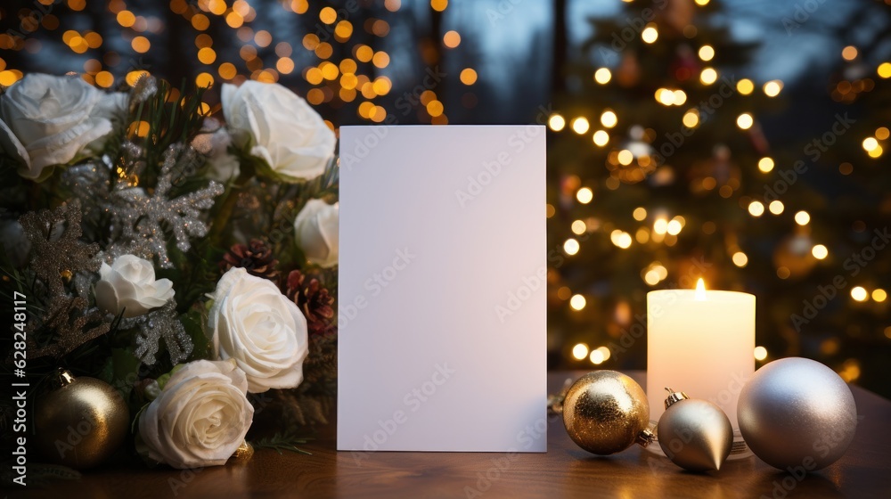 Blank white greeting card mockup, beautiful background decorated for christmas