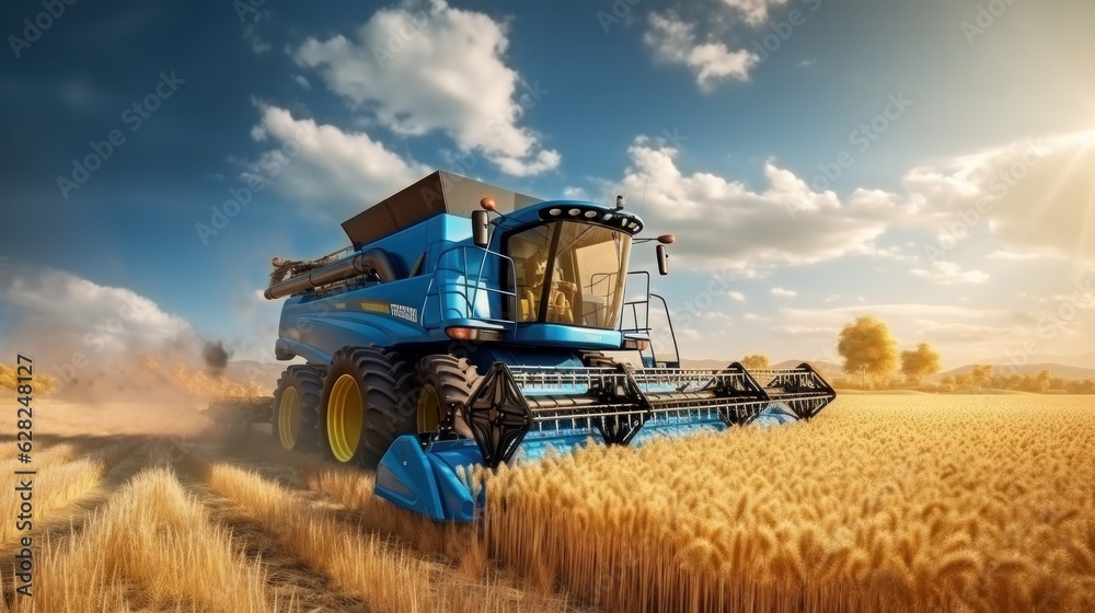 Combine harvester in a wheat field