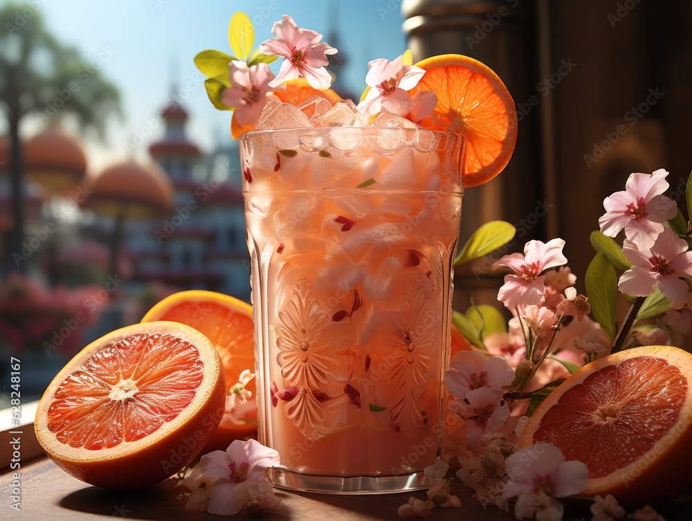 Citrus smoothie drink on tropical background