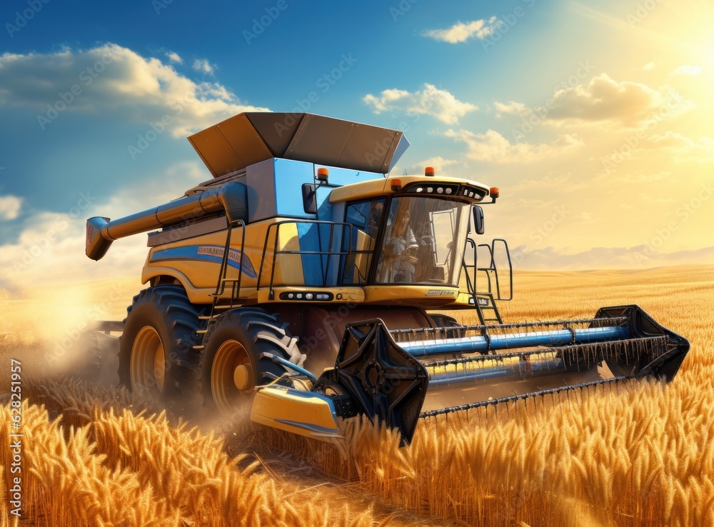 Combine harvester in a wheat field