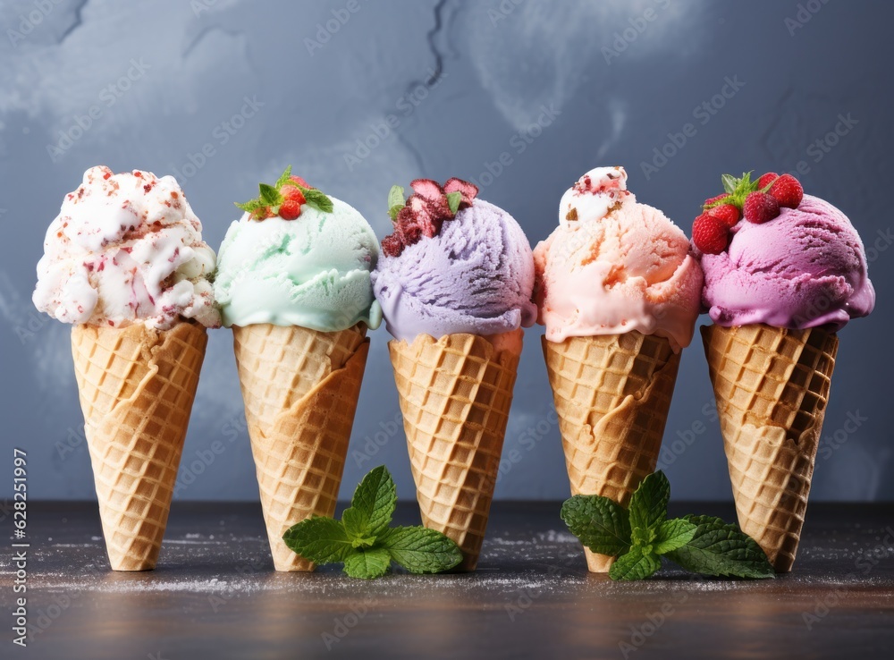 ice cream cones with mixed flavors