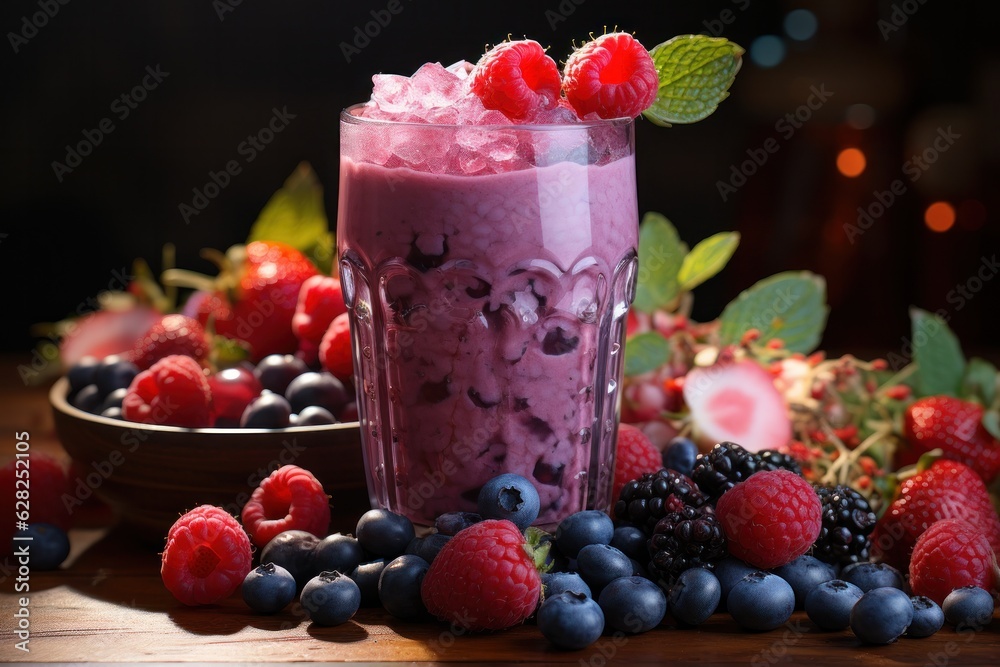 Berries smoothie on tropical background