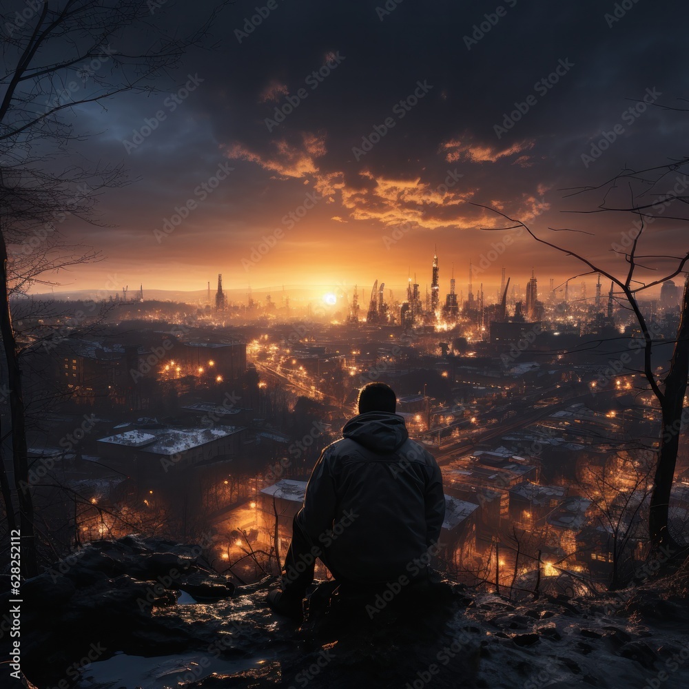 A worker stands on a tower overlooking the sunset