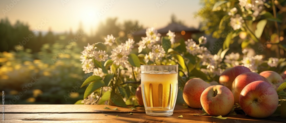 Apple cider on table with apples