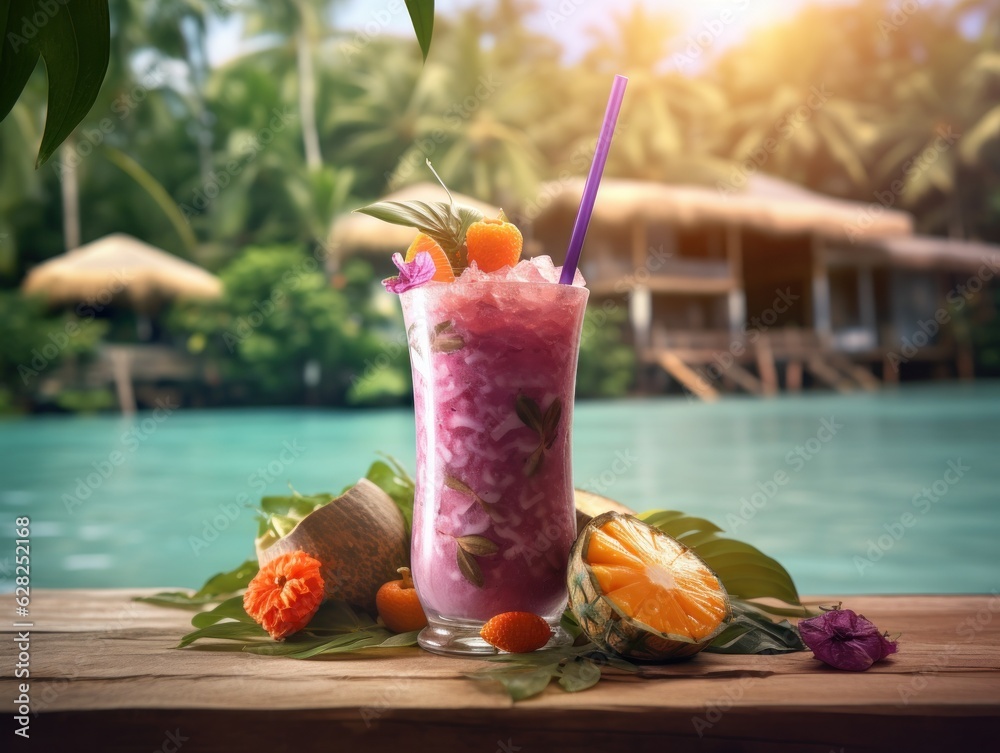 Berries smoothie on tropical background