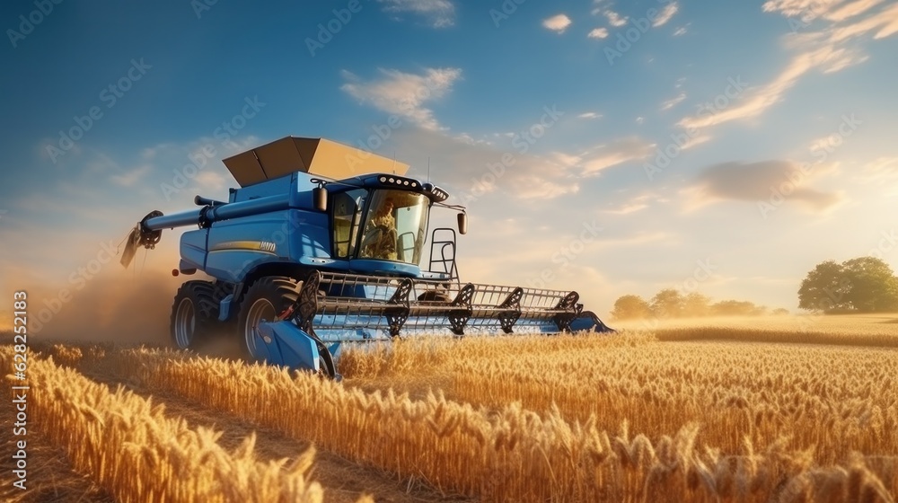 Combine harvester in a wheat field