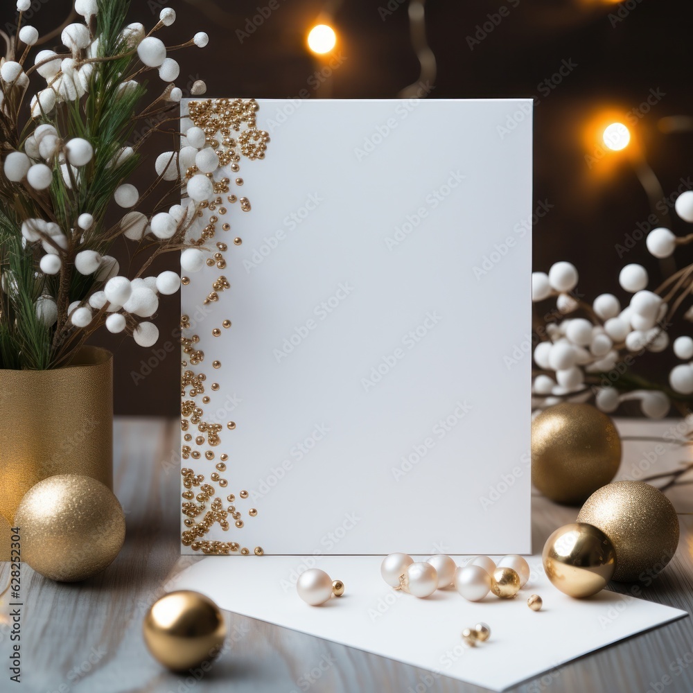 Blank white greeting card mockup, beautiful background decorated for christmas