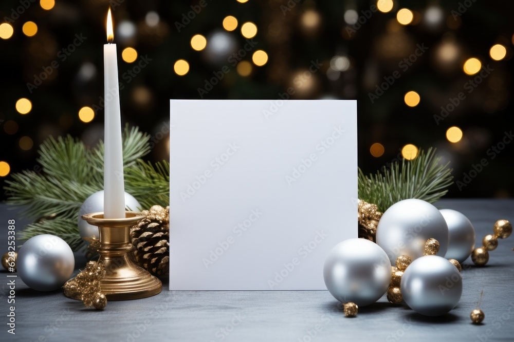 Blank white greeting card mockup, beautiful background decorated for christmas