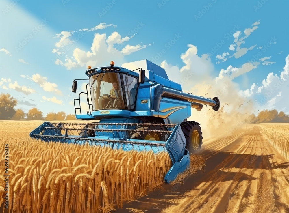 Combine harvester in a wheat field