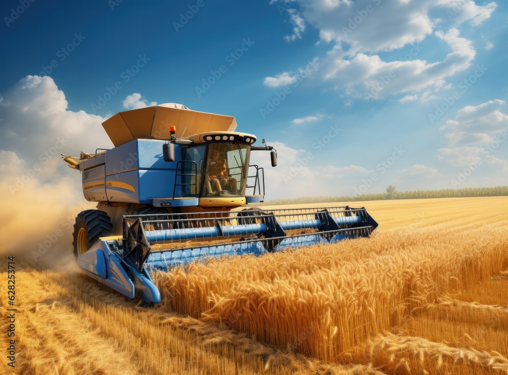 Combine harvester in a wheat field