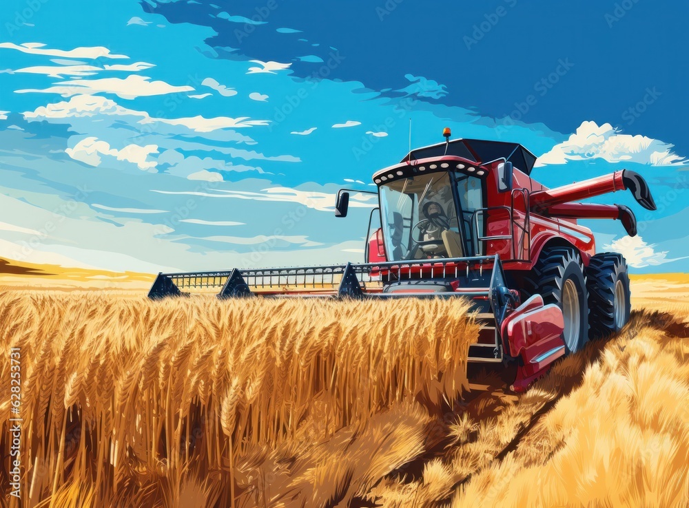 Combine harvester in a wheat field