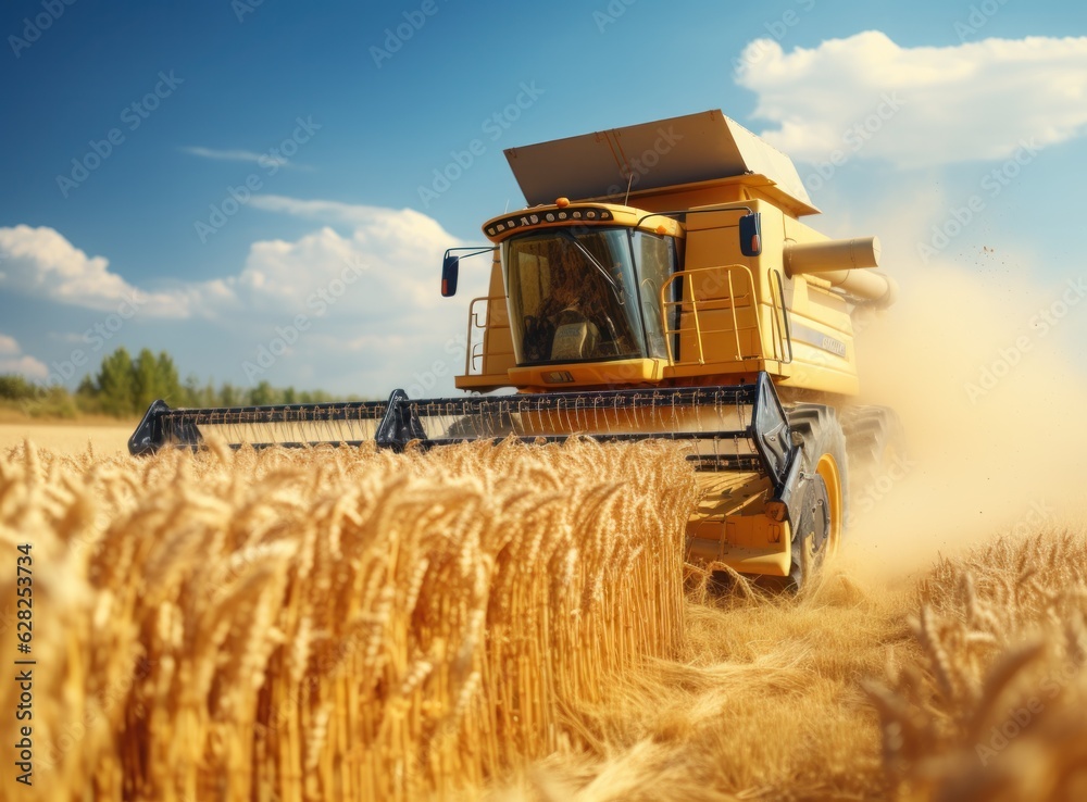 Combine harvester in a wheat field