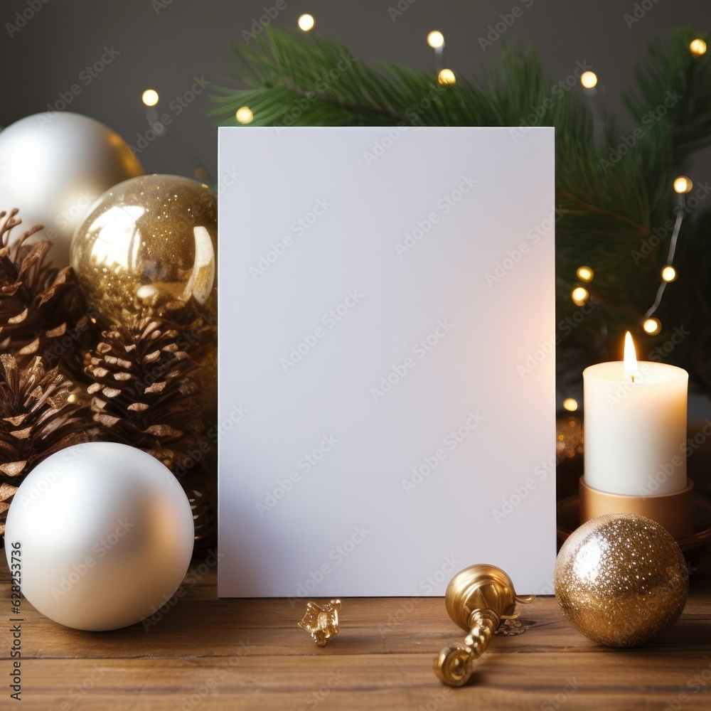 Blank white greeting card mockup, beautiful background decorated for christmas