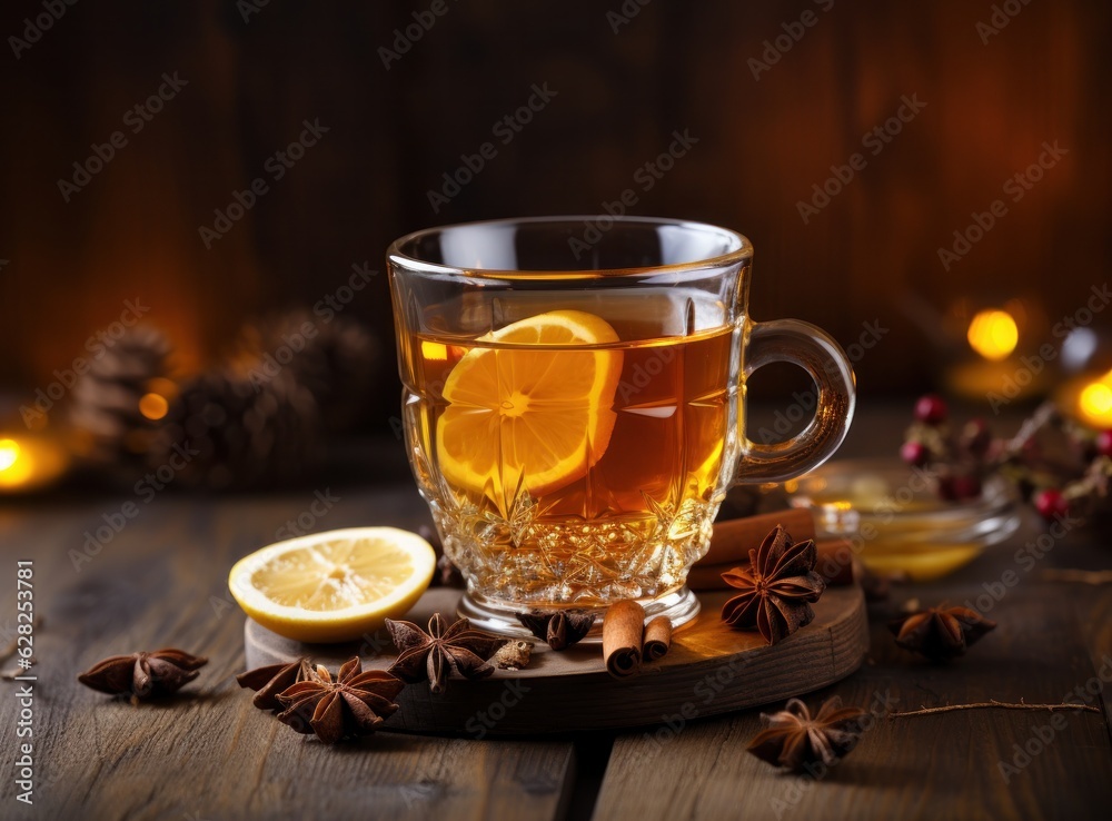 A glass of cider on wooden table with spices