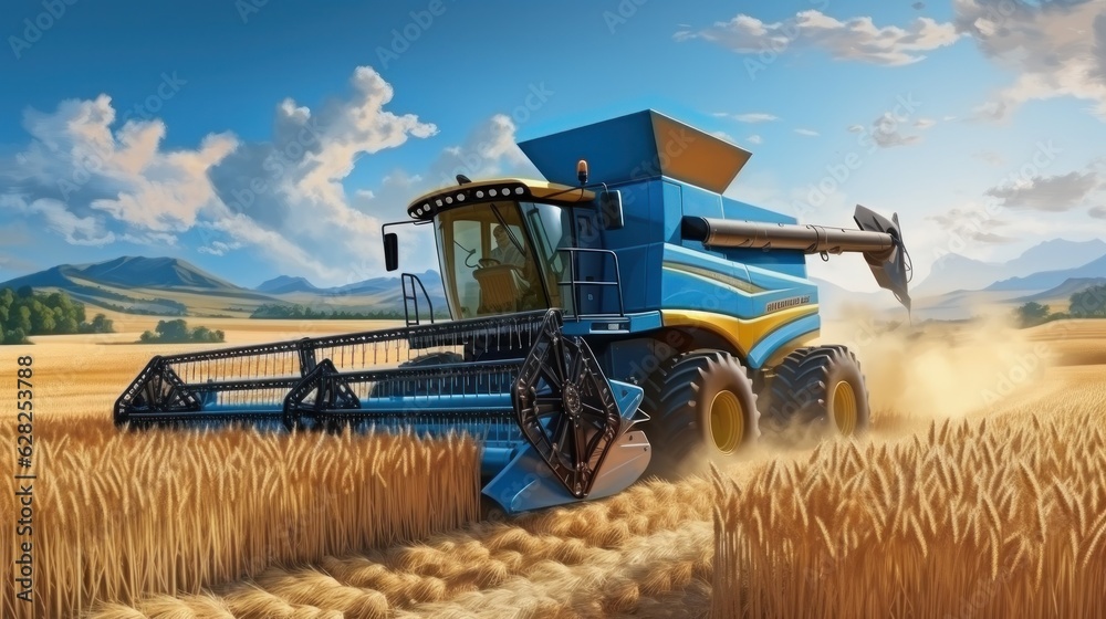 Combine harvester in a wheat field