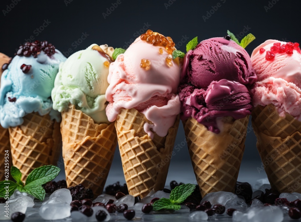 ice cream cones with mixed flavors