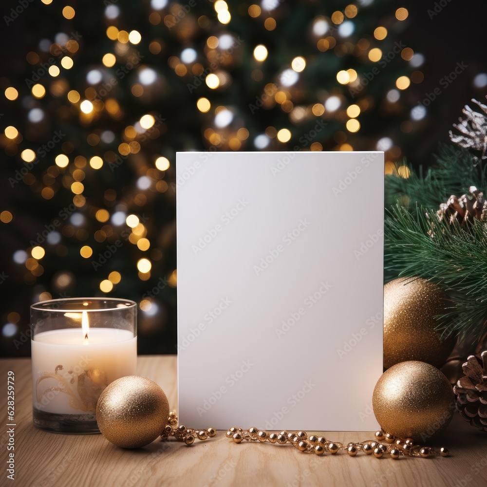 Blank white greeting card mockup, beautiful background decorated for christmas