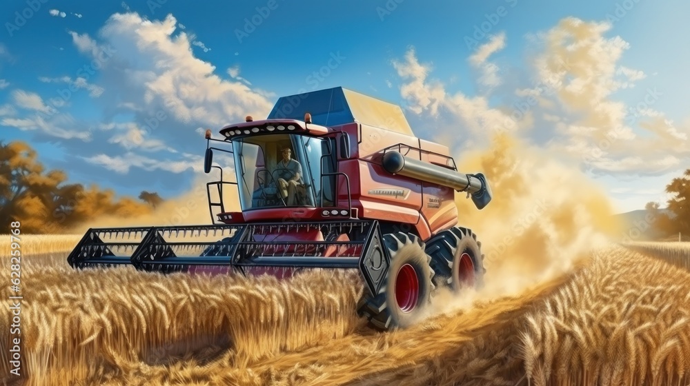 Combine harvester in a wheat field