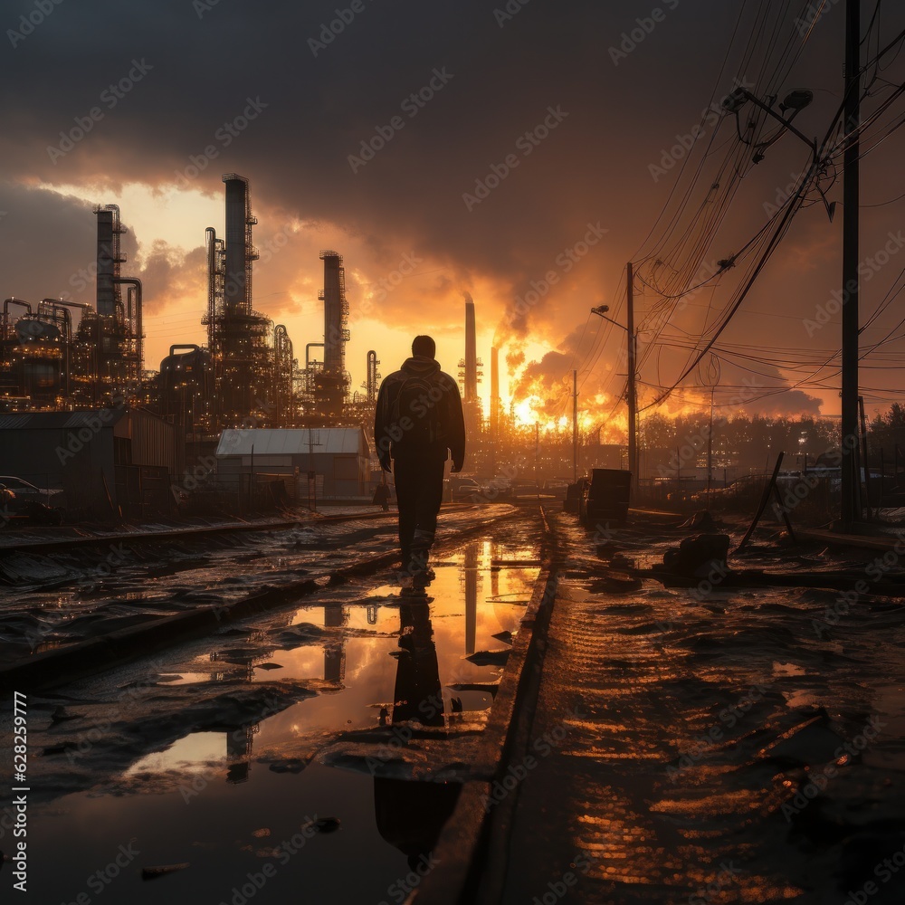 A worker stands on a tower overlooking the sunset