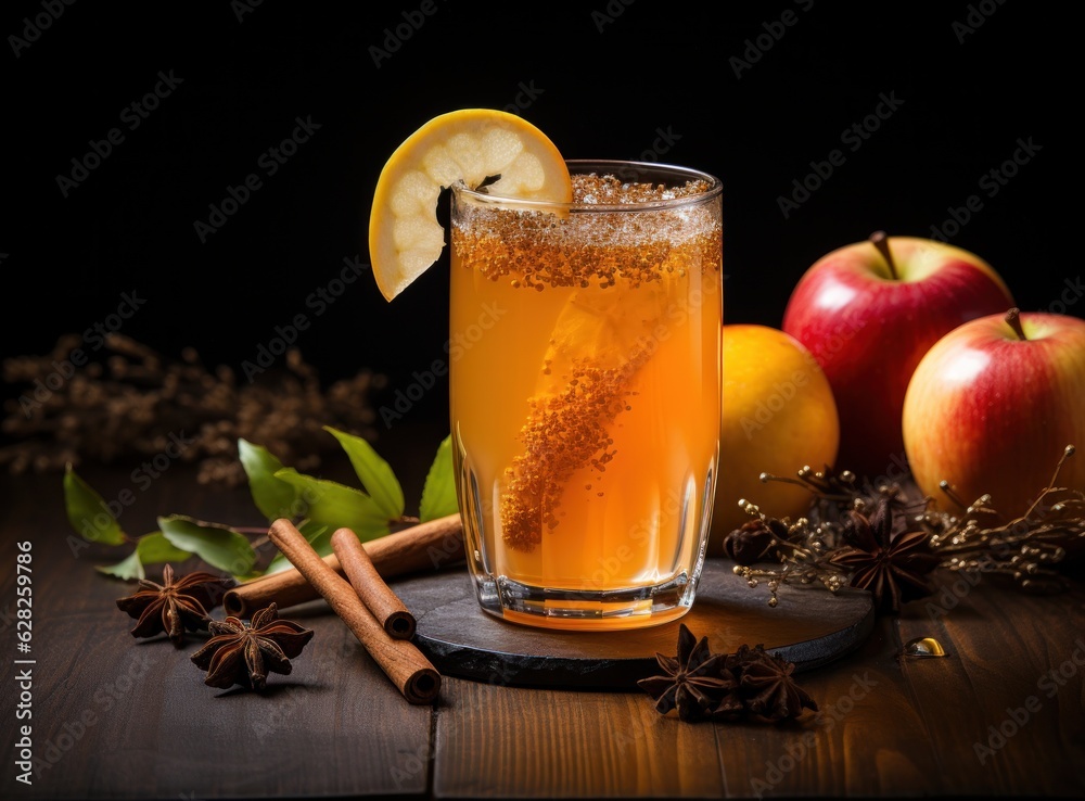 A glass of cider on wooden table with spices