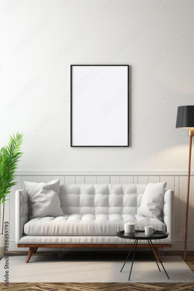 Blank picture frame mockup on white wall Modern minimalist living room