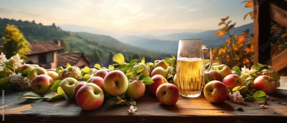 Apple cider on table with apples