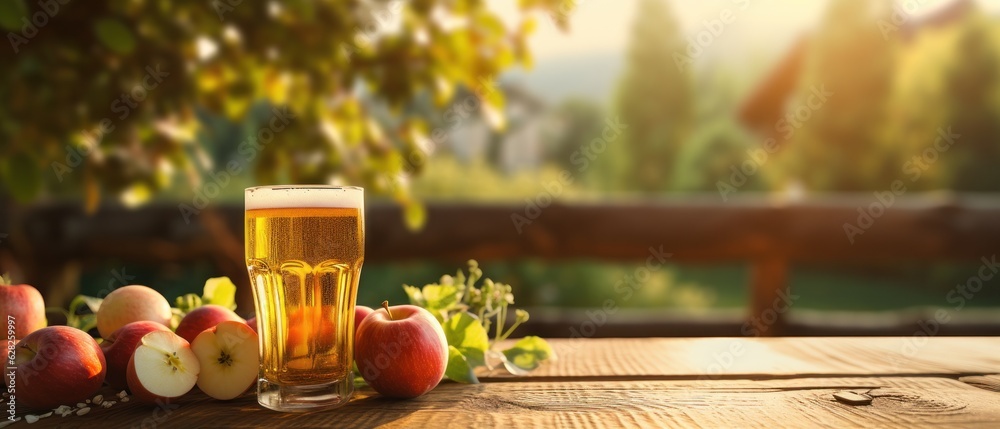 Apple cider on table with apples