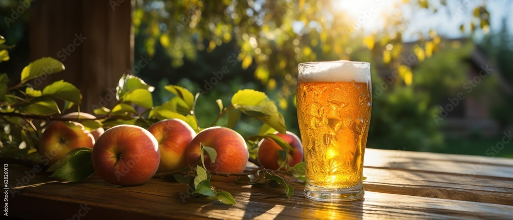 Apple cider on table with apples