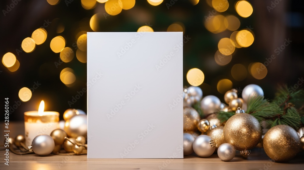 Blank white greeting card mockup, beautiful background decorated for christmas