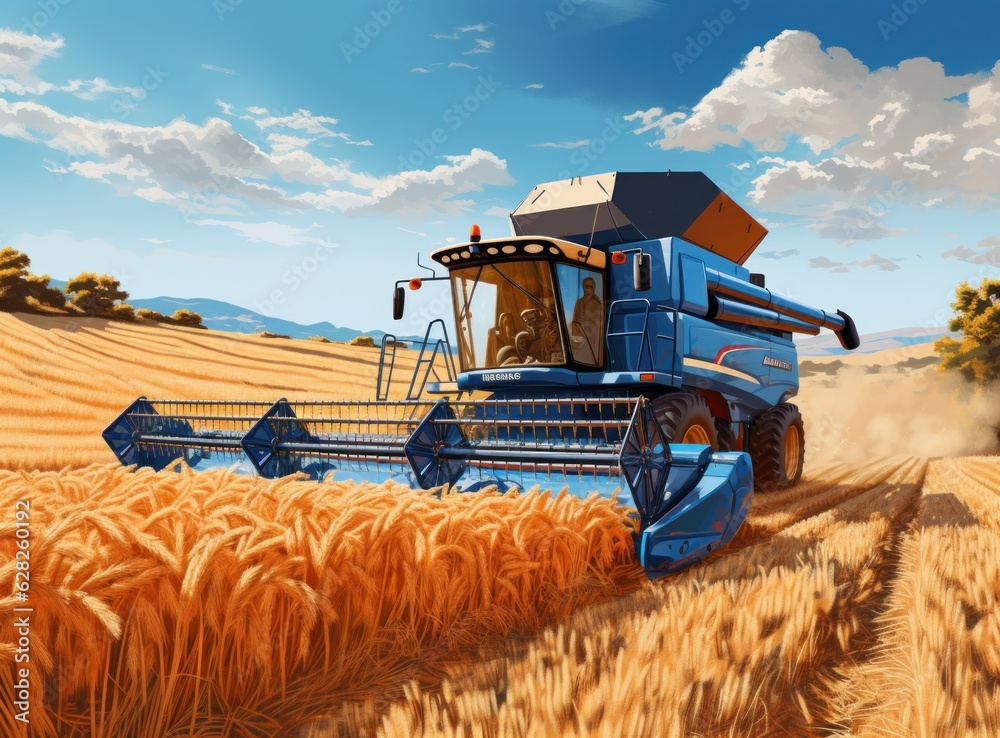 Combine harvester in a wheat field