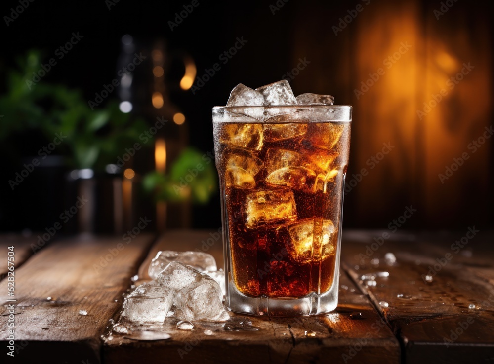 An ice cola in a glass on a sack table