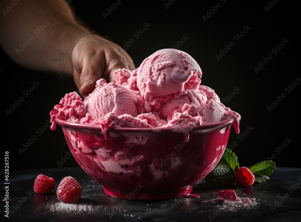 Ice cream with raspberries