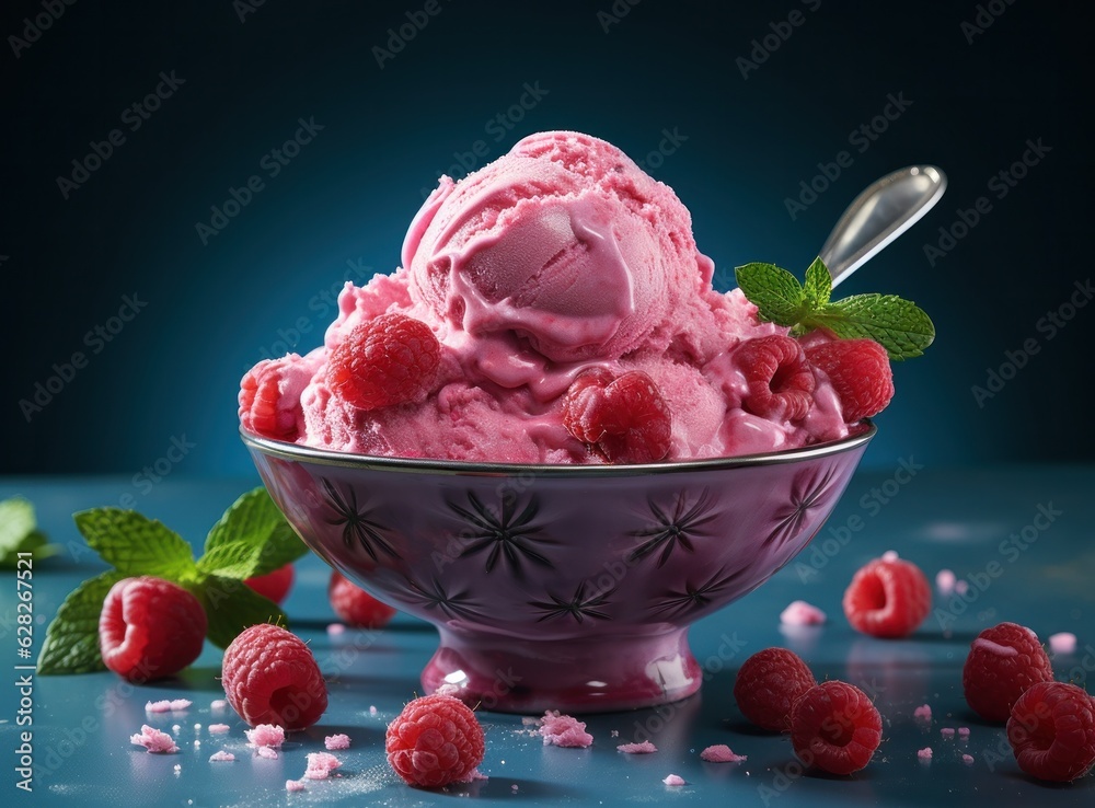 Ice cream with raspberries