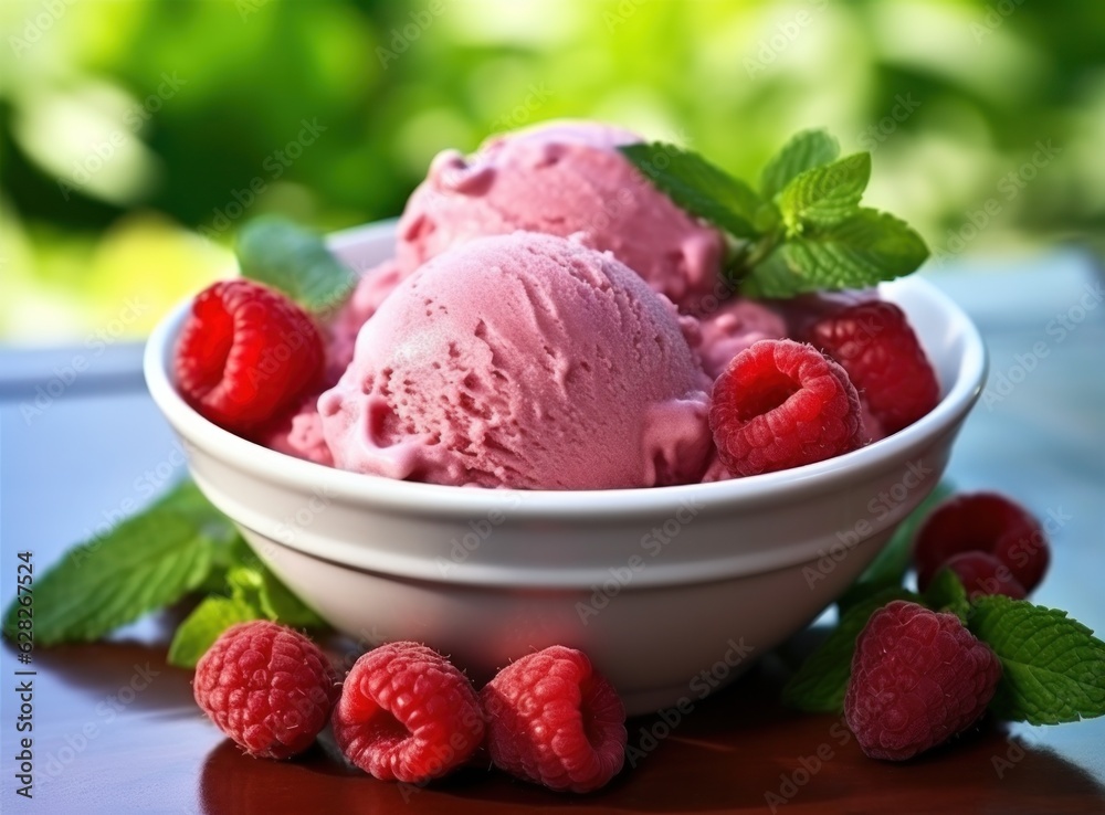 Ice cream with raspberries