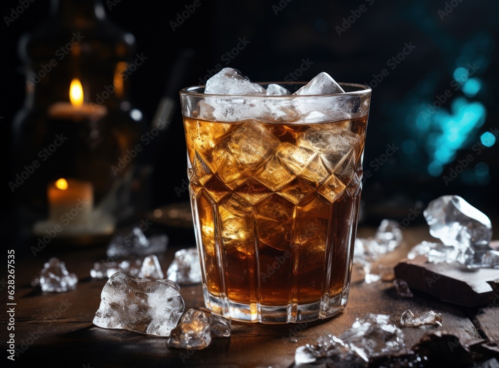 An ice cola in a glass on a sack table