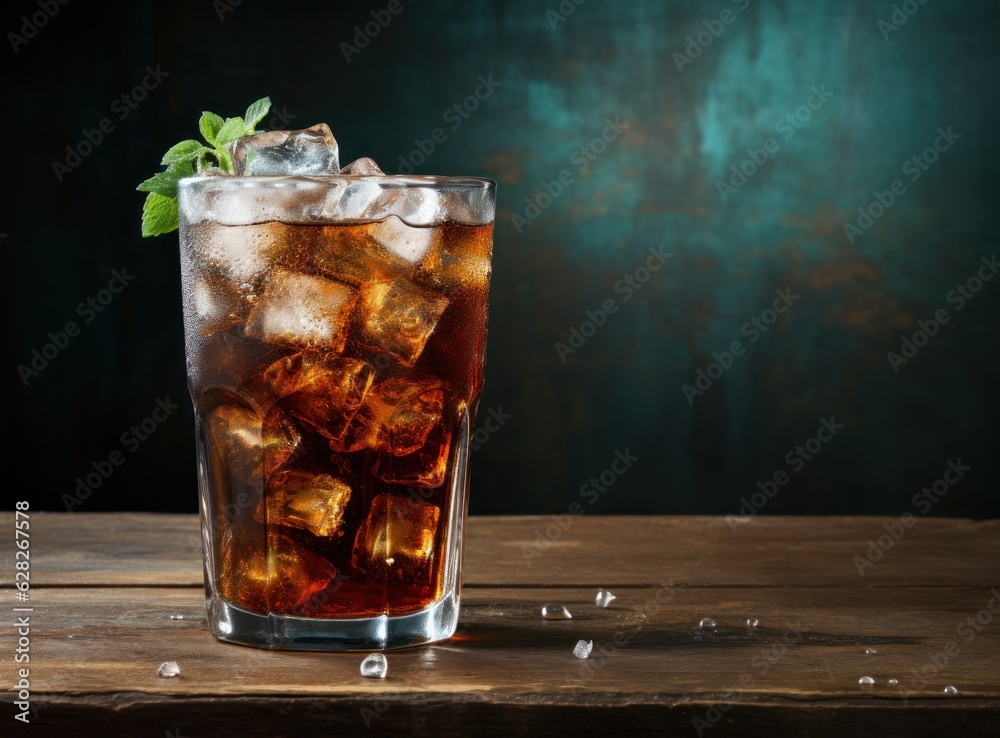 An ice cola in a glass on a sack table