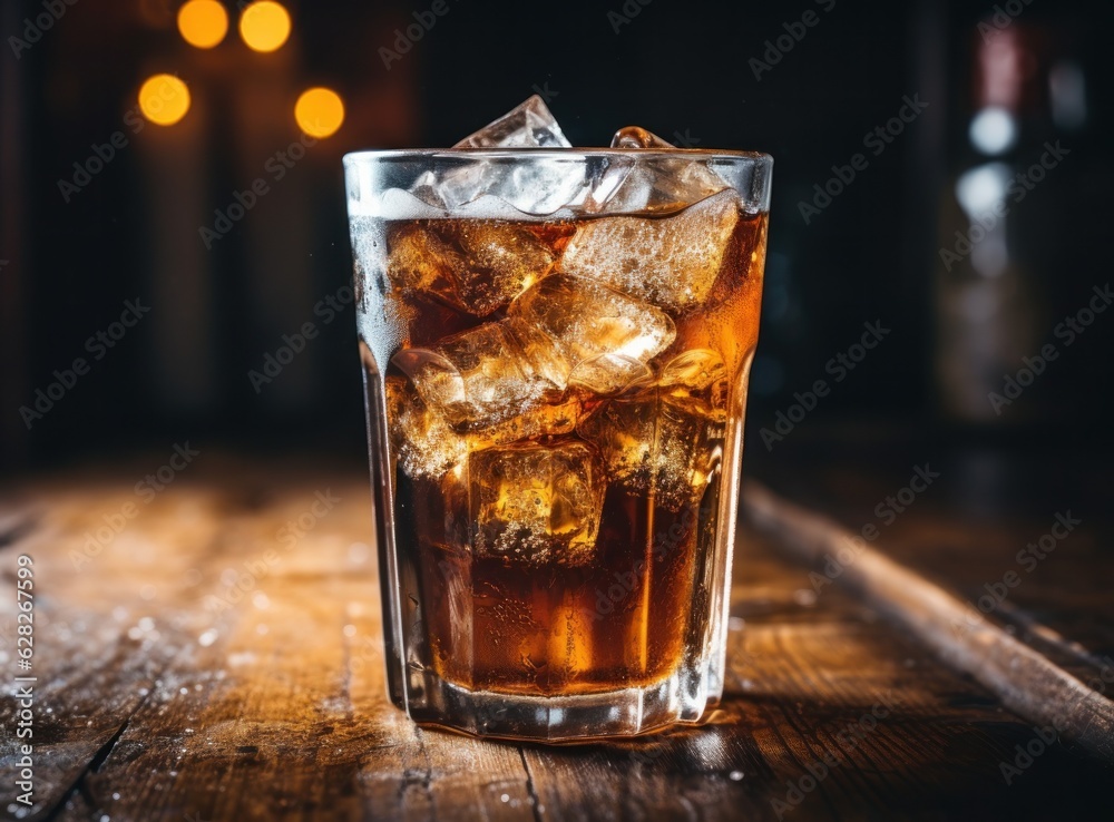 An ice cola in a glass on a sack table