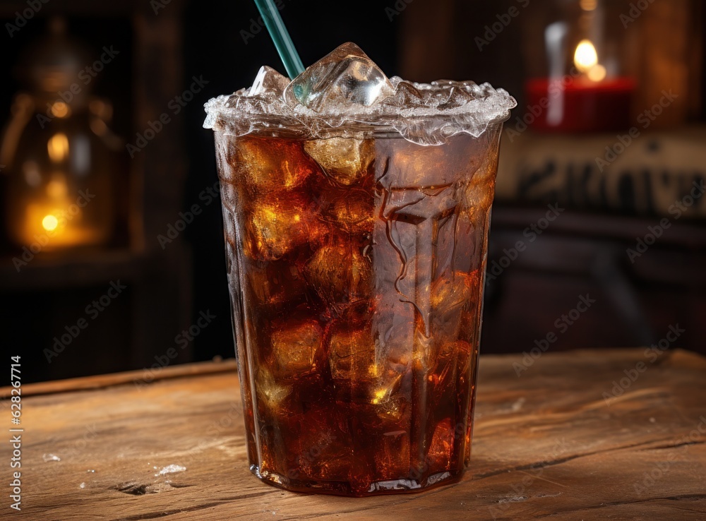 An ice cola in a glass on a sack table