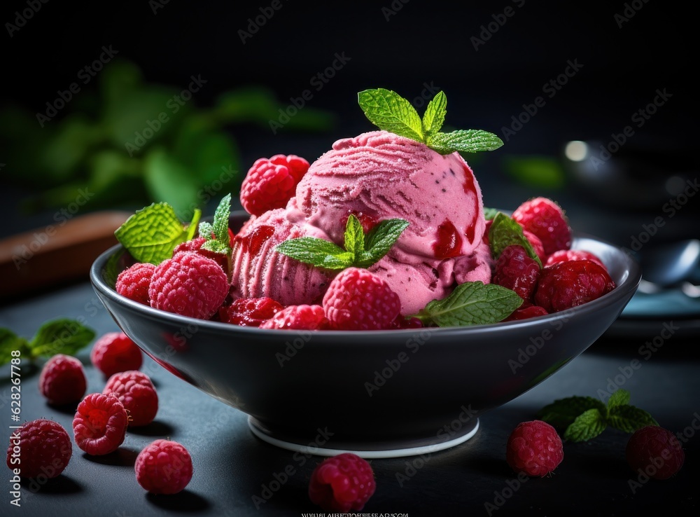 Ice cream with raspberries