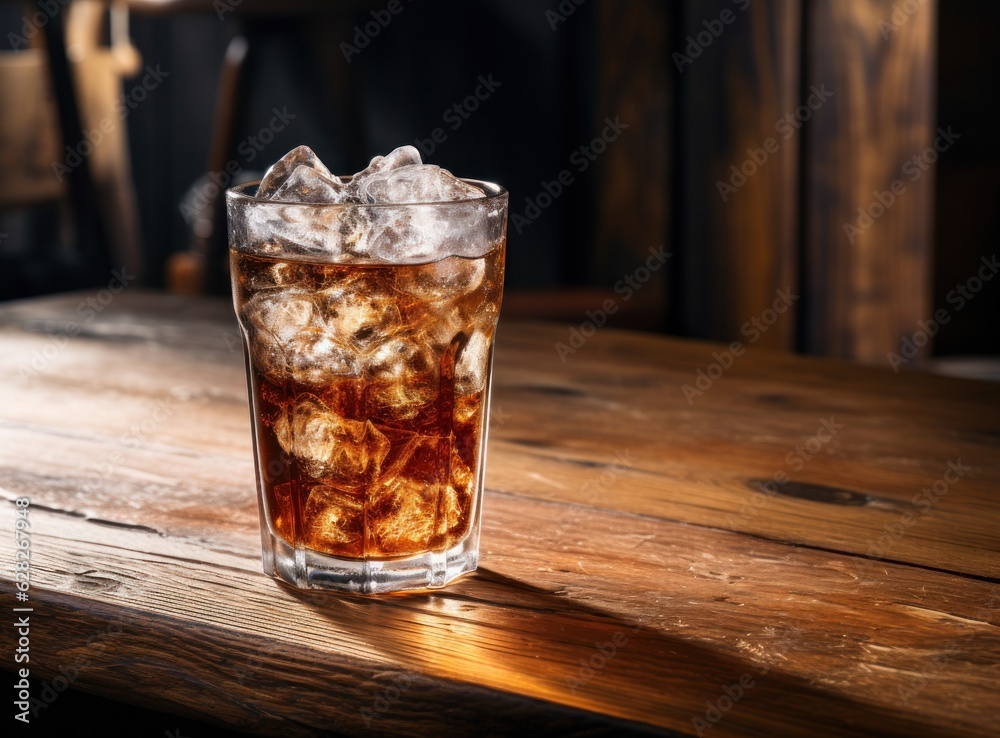 An ice cola in a glass on a sack table