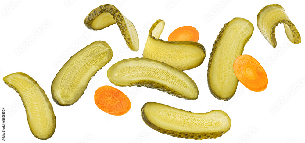 Pickled cucumber slices isolated on white background