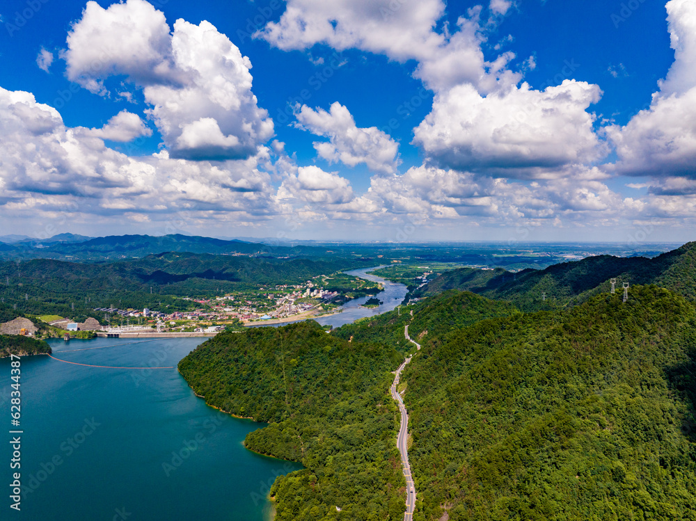 blue sky and white clouds,Aerial photography of Qiandao Lake landscape, Hangzhou, China