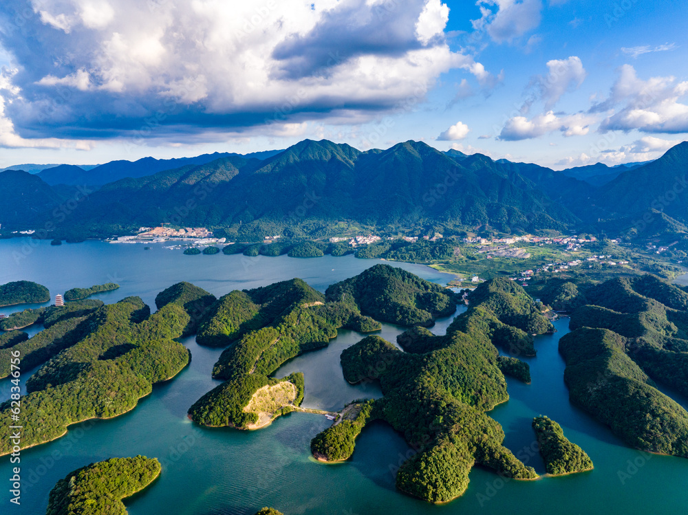 blue sky and white clouds,Aerial photography of Qiandao Lake landscape, Hangzhou, China