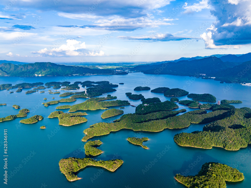 blue sky and white clouds,Aerial photography of Qiandao Lake landscape, Hangzhou, China