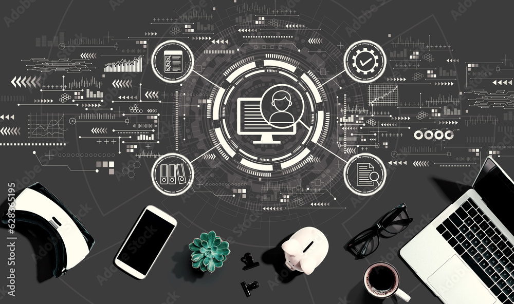 Document management system concept with electronic gadgets and office supplies - flat lay