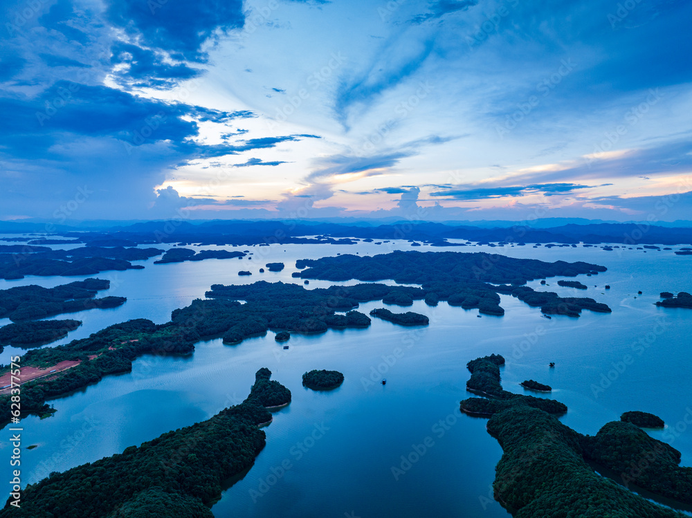 blue sky and white clouds,Aerial photography of Qiandao Lake landscape, Hangzhou, China