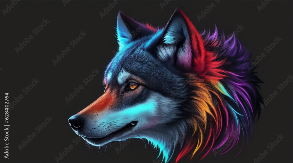 A colorful wolf with a black background. Generative AI.