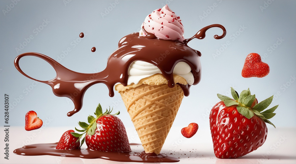 Delicious ice cream cone with a chocolate with flying strawberries. Generative AI.