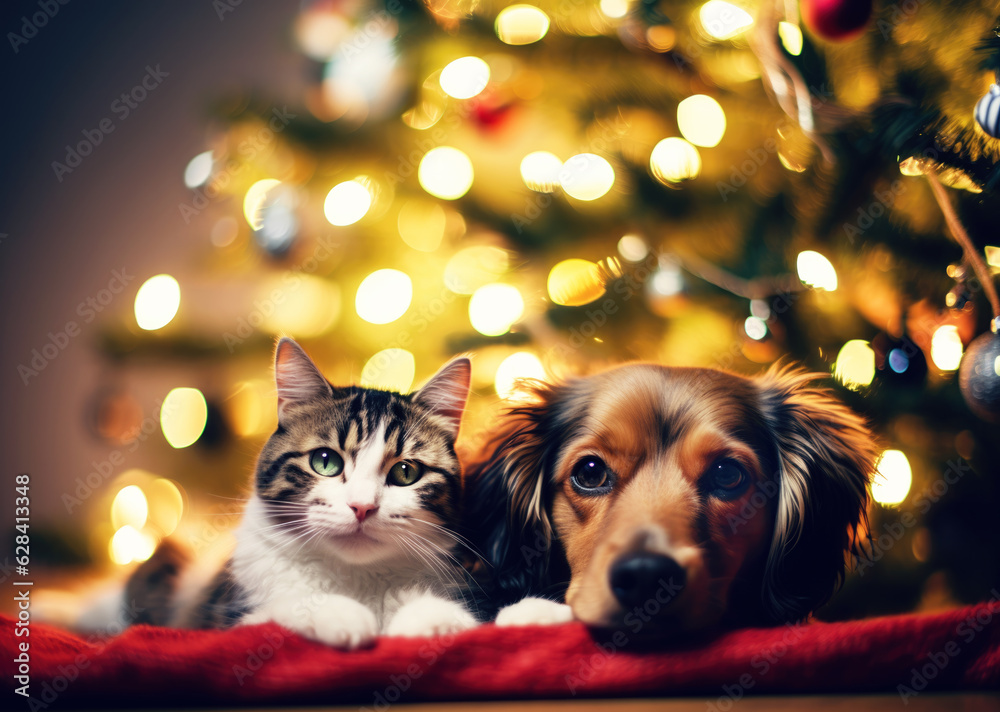 Dog and cat lying together on Christmas glitter lights background